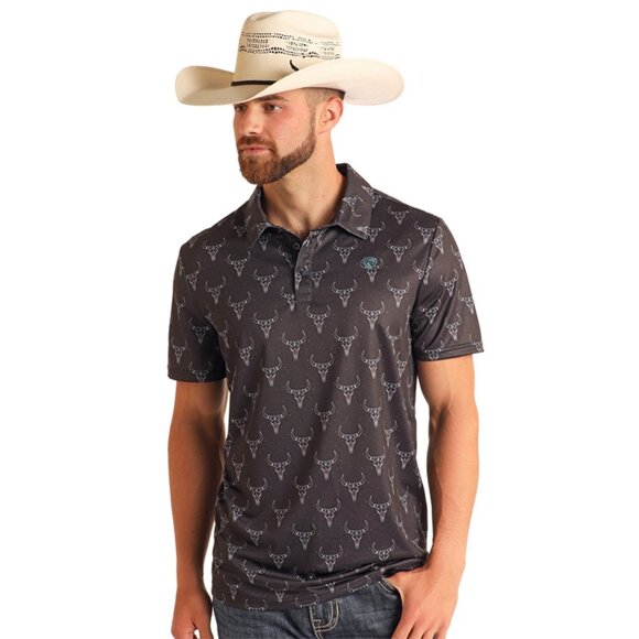 NEW ROCK & ROLL DENIM LONGHORN PRINTED BLACK MEN’S POLO - Picture 1 of 1